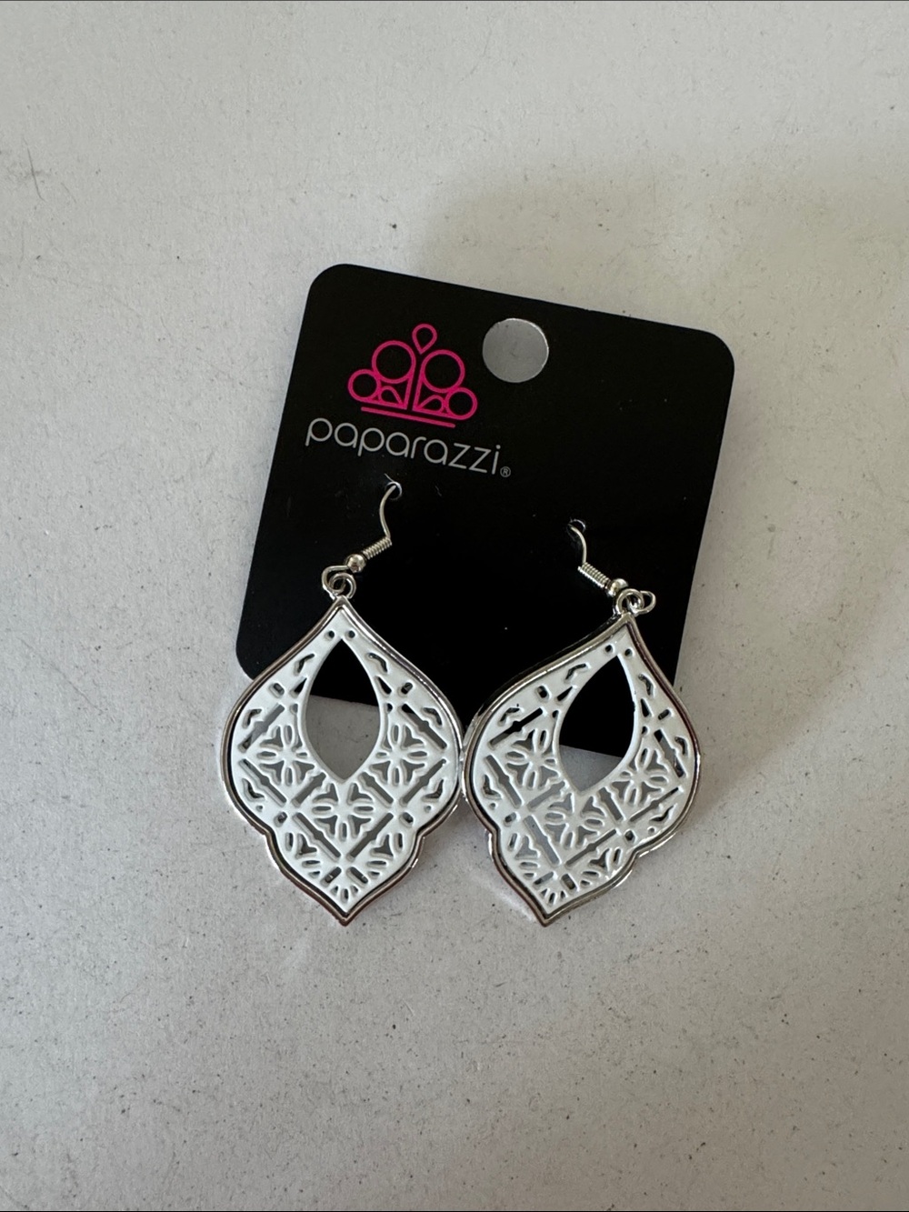 Paparazzi Silver and White Filigree Teardrop Earrings